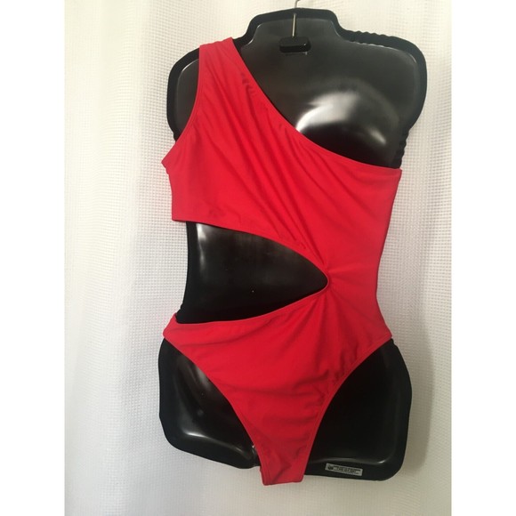 Women's One Piece Swimsuit One Shoulder One Side Cut Outs Red Medium - Picture 4 of 6